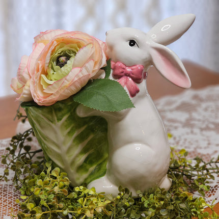 White Ceramic Bunny with Cabbage and Ranunculus