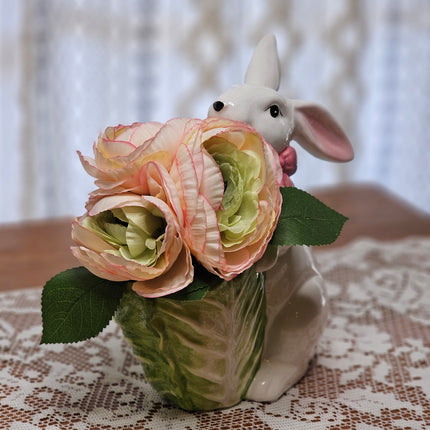 White Ceramic Bunny with Cabbage and Ranunculus