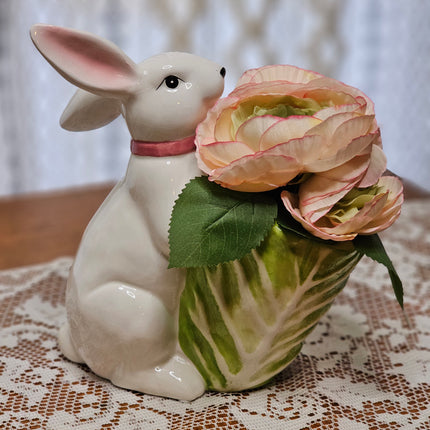 White Ceramic Bunny with Cabbage and Ranunculus