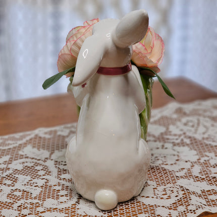 White Ceramic Bunny with Cabbage and Ranunculus