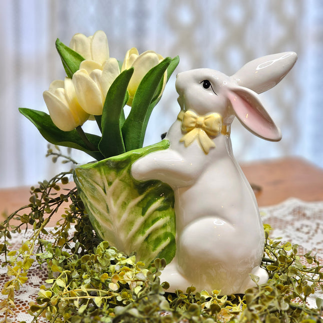 White Ceramic Bunny with Cabbage and Tulips