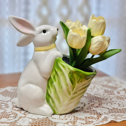 White Ceramic Bunny with Cabbage and Tulips