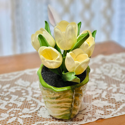White Ceramic Bunny with Cabbage and Tulips