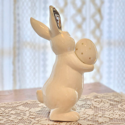 White Ceramic Bunny with Egg and Gold Accents