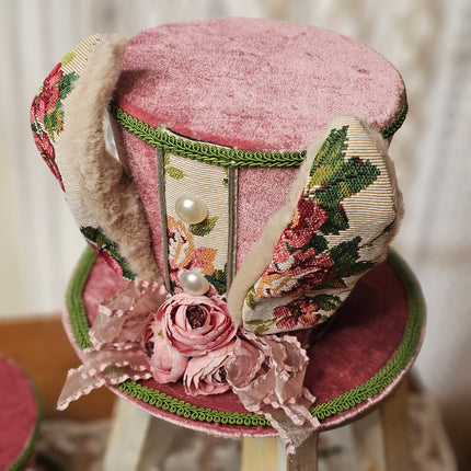 Victorian-style Pink Velvet Bunny Top Hat Decor