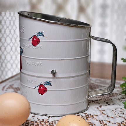 1950's Bromwell's Metal Flour Sifter 3-Cup White with Red Apples