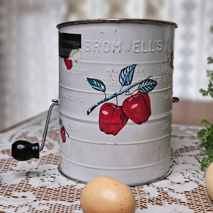 1950's Bromwell's Metal Flour Sifter 3-Cup White with Red Apples