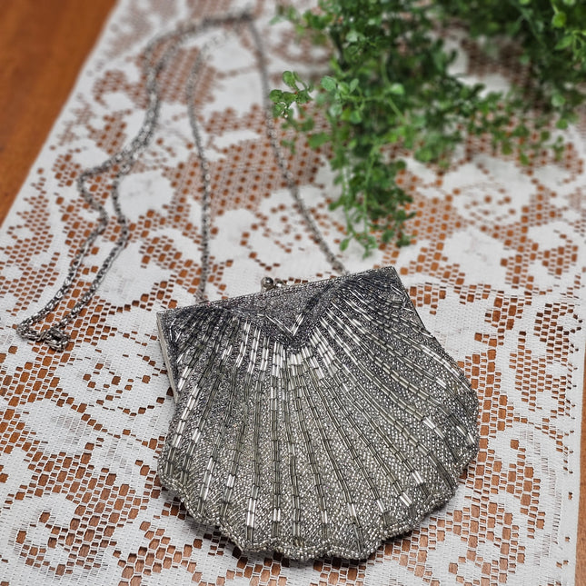 Vintage Valerie Stevens Clam Shell Silver Beaded Purse