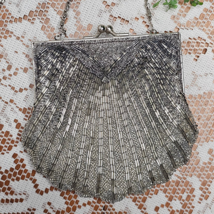 Vintage Valerie Stevens Clam Shell Silver Beaded Purse