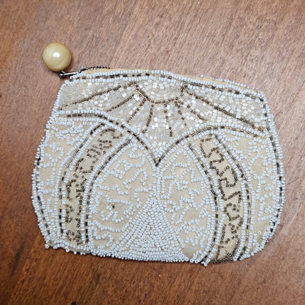Vintage White & Cream Beaded Coin Purse