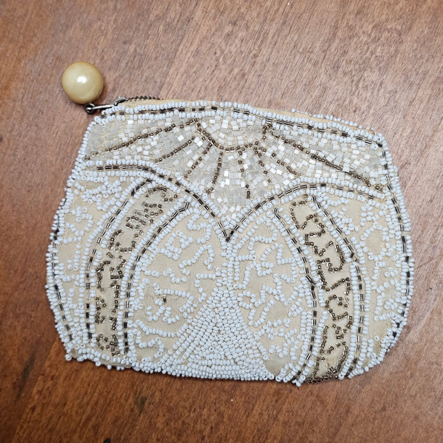 Vintage White & Cream Beaded Coin Purse