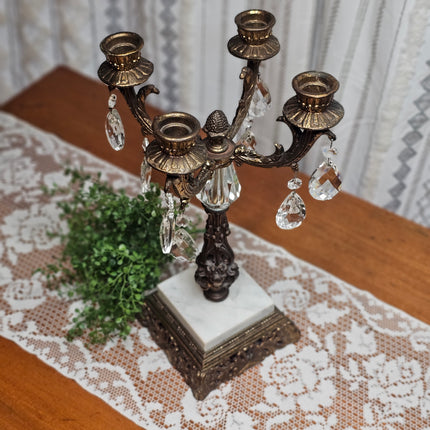 Antique Ornate French Rococo 4-Arm White Marble and Brass Candelabra