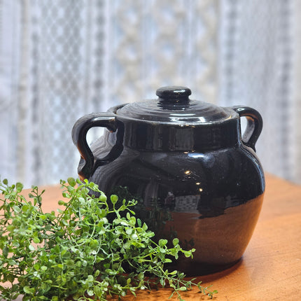 Large Black Double Handled Lidded Stoneware Bean Pot