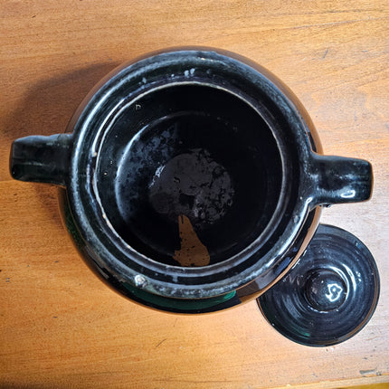 Large Black Double Handled Lidded Stoneware Bean Pot
