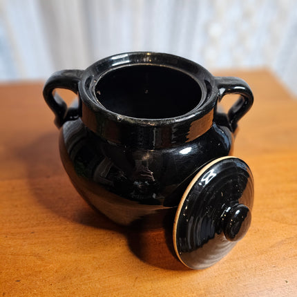 Large Black Double Handled Lidded Stoneware Bean Pot