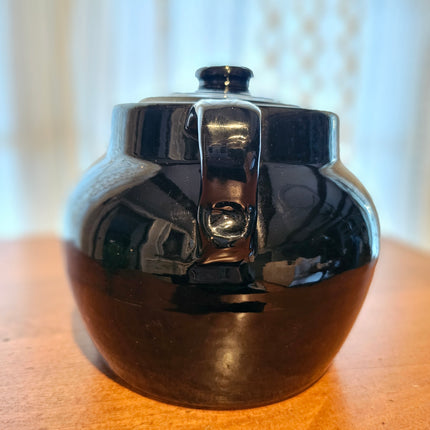 Large Black Double Handled Lidded Stoneware Bean Pot