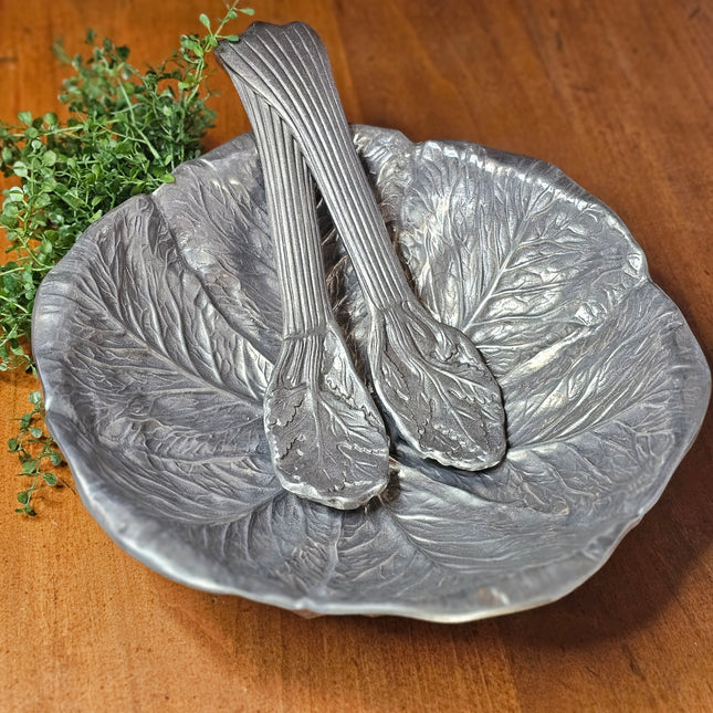 Set of 3 Vintage Wilton Armetale Bruce Fox Cabbage Leaf Salad Serving Bowl With Servers