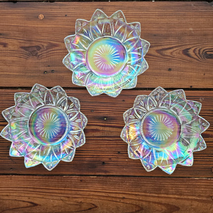 Set of 3 Vintage Federal Glass Iridescent Petal Berry Bowls