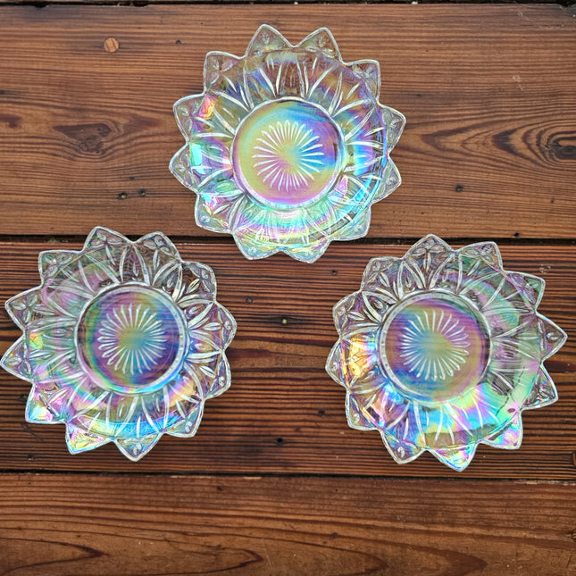 Set of 3 Vintage Federal Glass Iridescent Petal Berry Bowls
