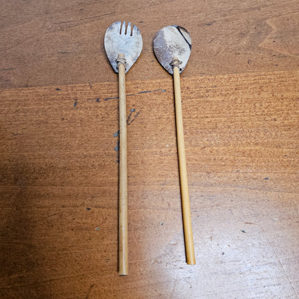 Vintage Hand Carved Wooden Serving Bowl With Handmade Spoon and Fork Set