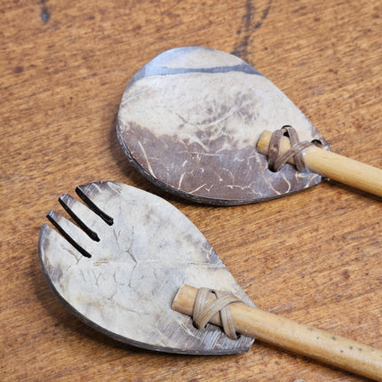 Vintage Hand Carved Wooden Serving Bowl With Handmade Spoon and Fork Set