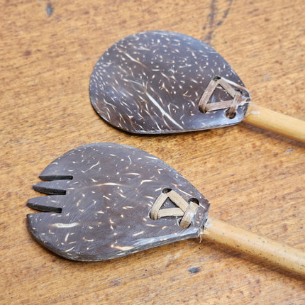 Vintage Hand Carved Wooden Serving Bowl With Handmade Spoon and Fork Set