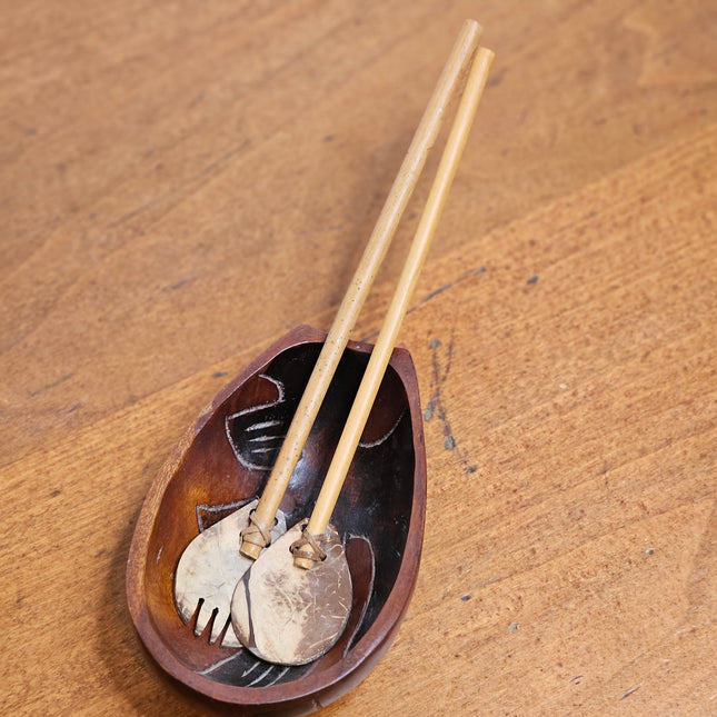 Vintage Hand Carved Wooden Serving Bowl With Handmade Spoon and Fork Set