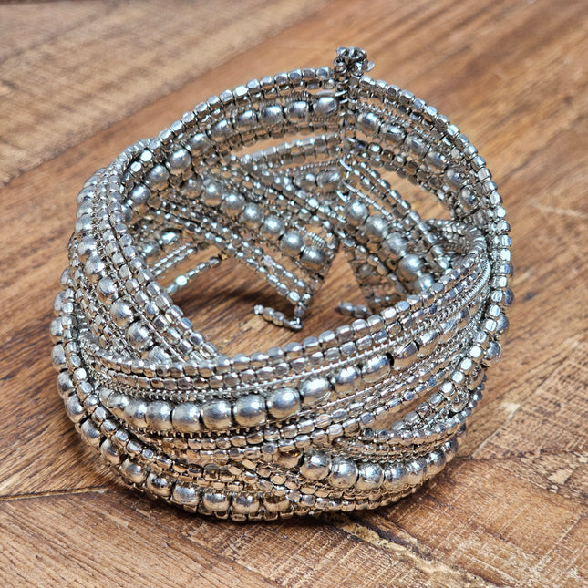 Braided Silver Beaded Bangle Bracelet