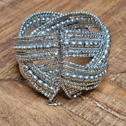 Braided Silver Beaded Bangle Bracelet