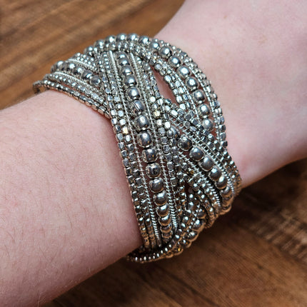 Braided Silver Beaded Bangle Bracelet