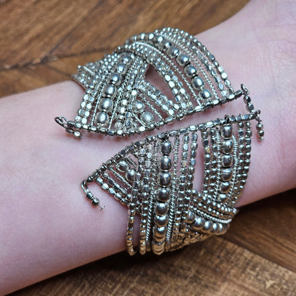 Braided Silver Beaded Bangle Bracelet