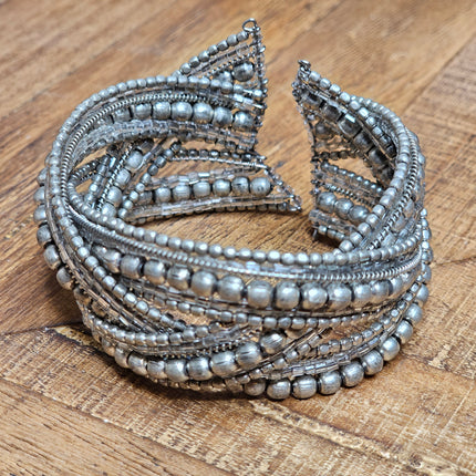 Braided Silver Beaded Bangle Bracelet
