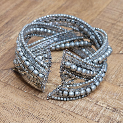 Braided Silver Beaded Bangle Bracelet