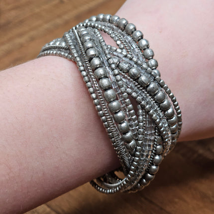 Braided Silver Beaded Bangle Bracelet