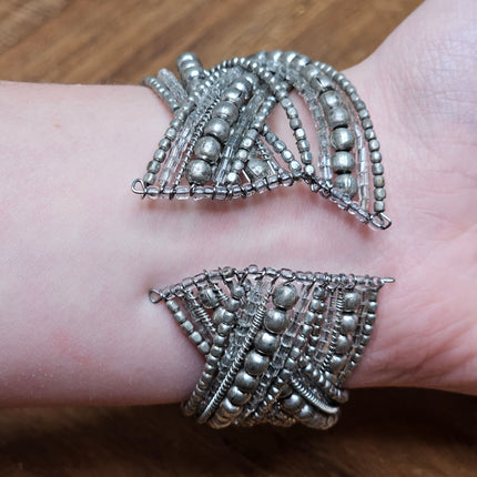 Braided Silver Beaded Bangle Bracelet