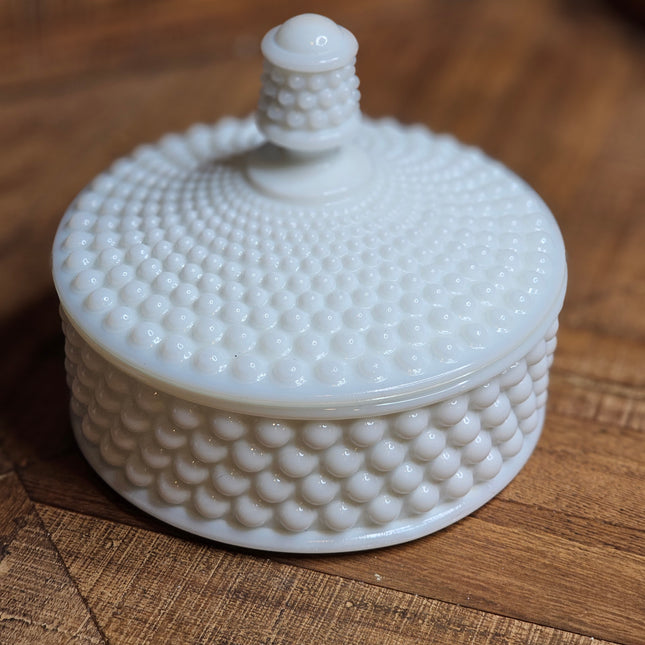 Vintage Hobnail Milk Glass Lidded Powder Dish