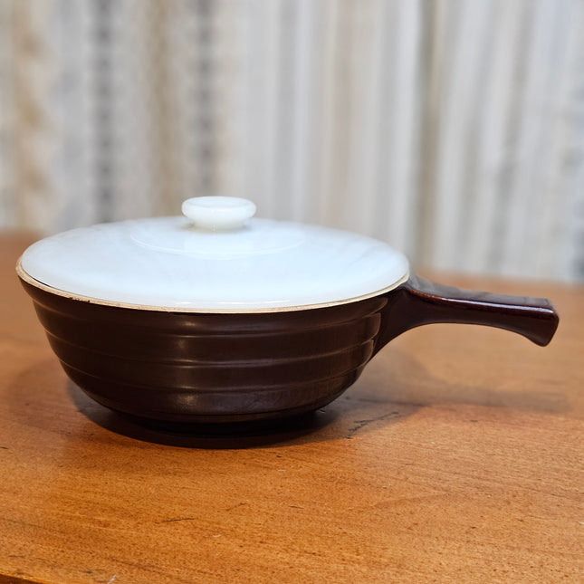 9" Vintage Monmouth Western Pottery Brown Single Handled Casserole Dish With Milk Glass Lid