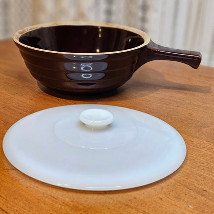 9" Vintage Monmouth Western Pottery Brown Single Handled Casserole Dish With Milk Glass Lid
