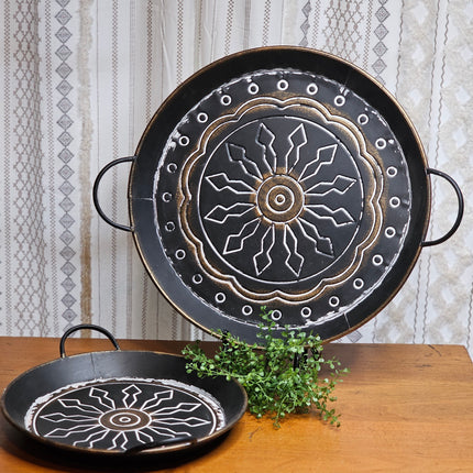 19.5" Round Metal Black and Gold Decorative Tray With Handles