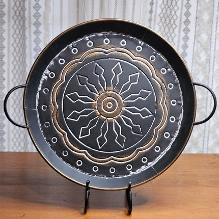 19.5" Round Metal Black and Gold Decorative Tray With Handles
