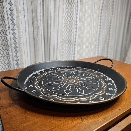 19.5" Round Metal Black and Gold Decorative Tray With Handles