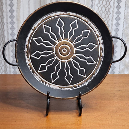 14.5" Round Metal Black and Gold Decorative Tray With Handles