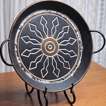 14.5" Round Metal Black and Gold Decorative Tray With Handles