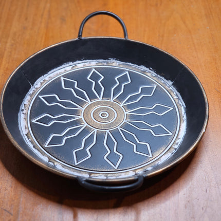 14.5" Round Metal Black and Gold Decorative Tray With Handles