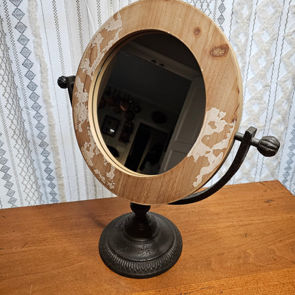 Large Swivel Wooden and Cast Iron Tabletop Mirror