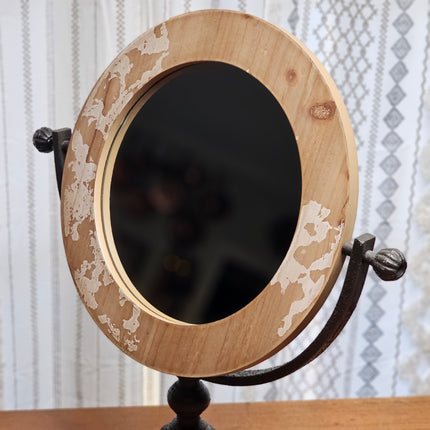 Large Swivel Wooden and Cast Iron Tabletop Mirror