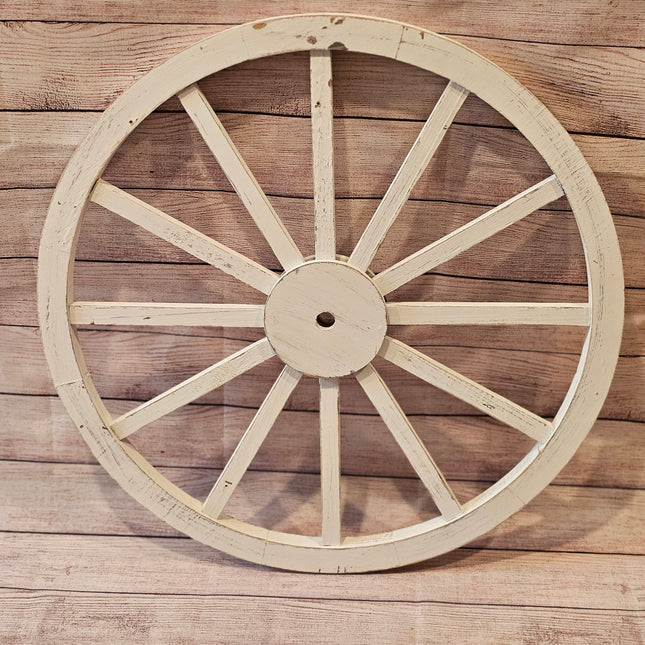 24" White Distressed Wooden Wagon Wheel Decor