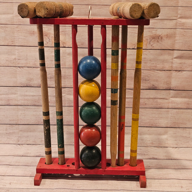 Vintage Croquet Set With Red Stand