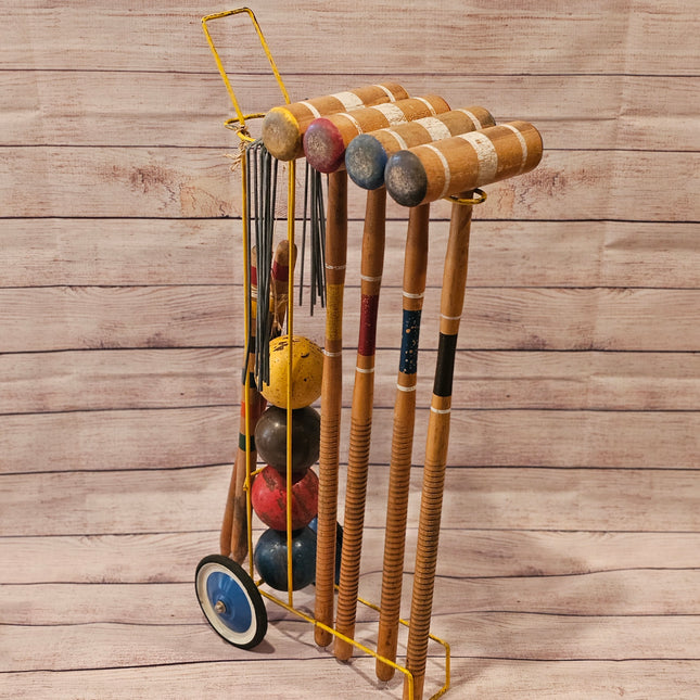 Vintage Croquet Set With Metal Rolling Cart