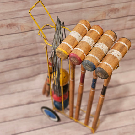 Vintage Croquet Set With Metal Rolling Cart